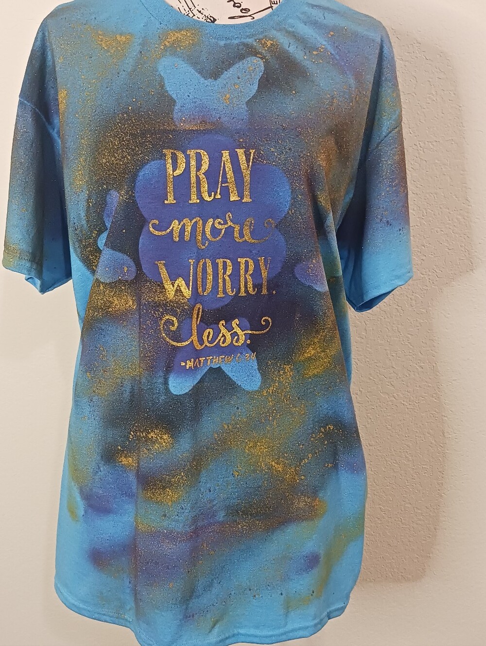 Hand Painted Blue Pray More Worry Less / Graphic T Shirt Cotton Butterfly Top L - Picture 3 of 6